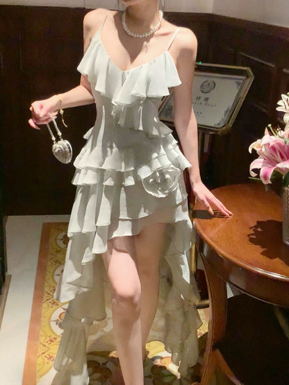 Sexy Women's High Low Spaghetti Strap White Chiffon With Layers Maxi Dress Date Night Outfits Outdoor Semi Formal Wedding Guest Dresses RB5084