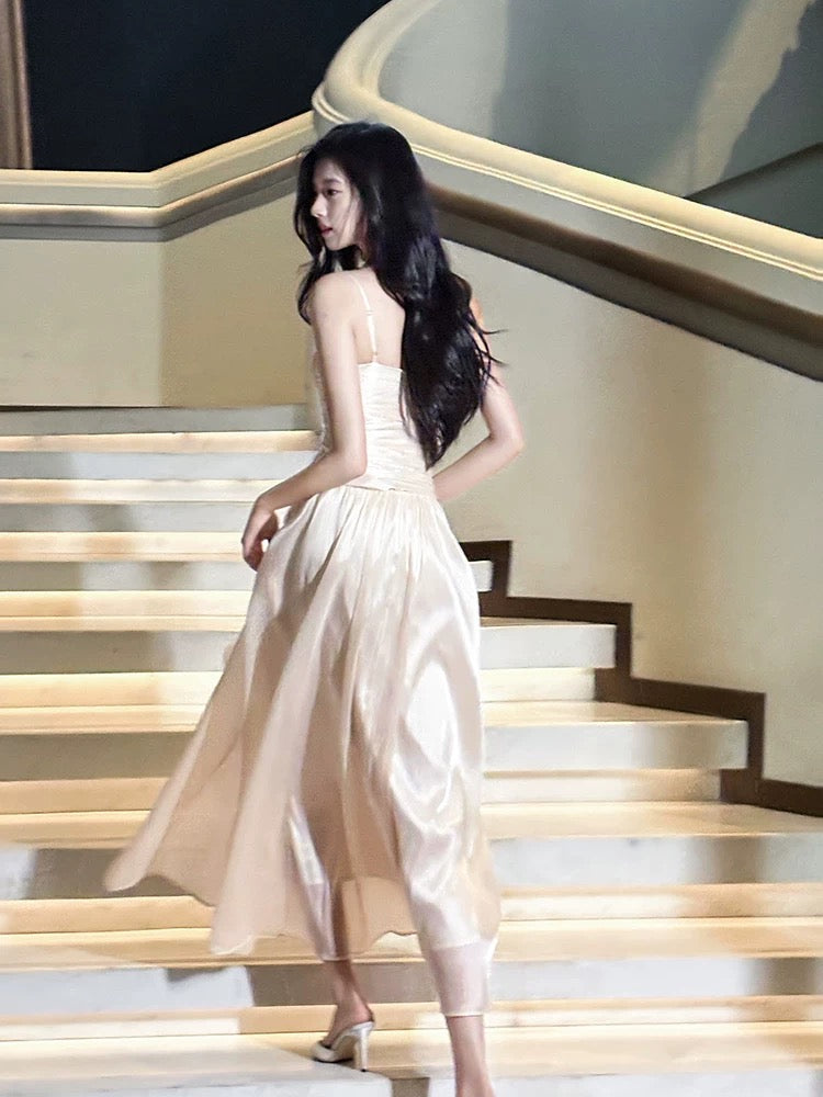Pretty Mermaid Spaghetti Strap Pink Satin Ankle Length Maxi Semi Formal Garden Date Night Outfit Wedding Guest Dresses RB5085