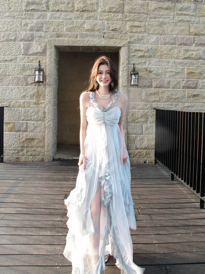 Pretty A Line Spaghetti Strap Light Sky Blue Tulle Ankle Length Maxi Semi Formal Garden Date Night Outfit Wedding Guest Dresses RB5087