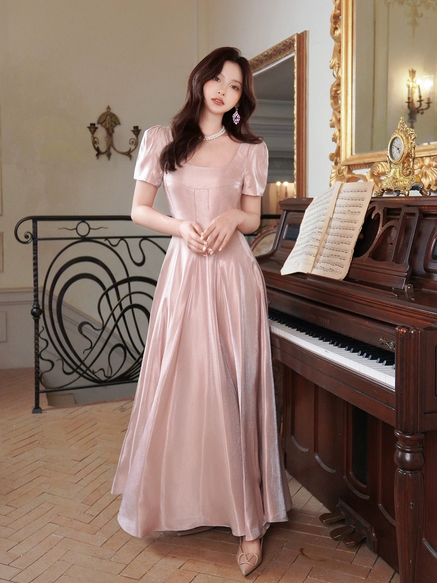 Unique Women's A line Square Neck Pink Satin Midi Length Maxi Dress Date Night Outfits Outdoor Semi Formal Wedding Guest Dress RB5090