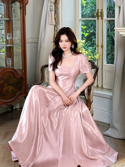 Unique Women's A line Square Neck Pink Satin Midi Length Maxi Dress Date Night Outfits Outdoor Semi Formal Wedding Guest Dress RB5090