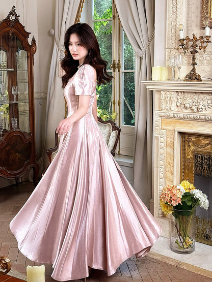 Unique Women's A line Square Neck Pink Satin Midi Length Maxi Dress Date Night Outfits Outdoor Semi Formal Wedding Guest Dress RB5090