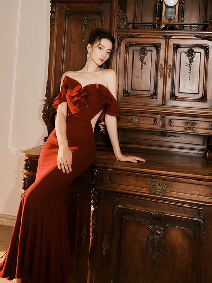 Pretty Mermaid Off The Shoulder Satin Burgundy Maxi Semi Formal Garden Date Night Outfit Wedding Guest Dresses RB5091