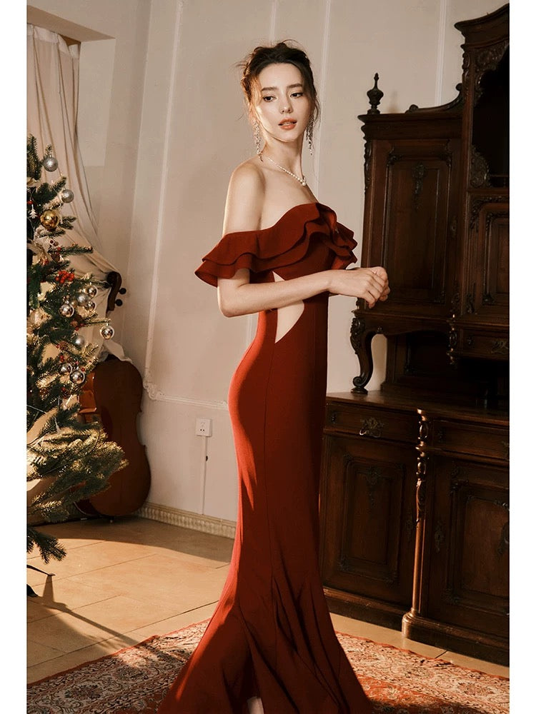 Pretty Mermaid Off The Shoulder Satin Burgundy Maxi Semi Formal Garden Date Night Outfit Wedding Guest Dresses RB5091