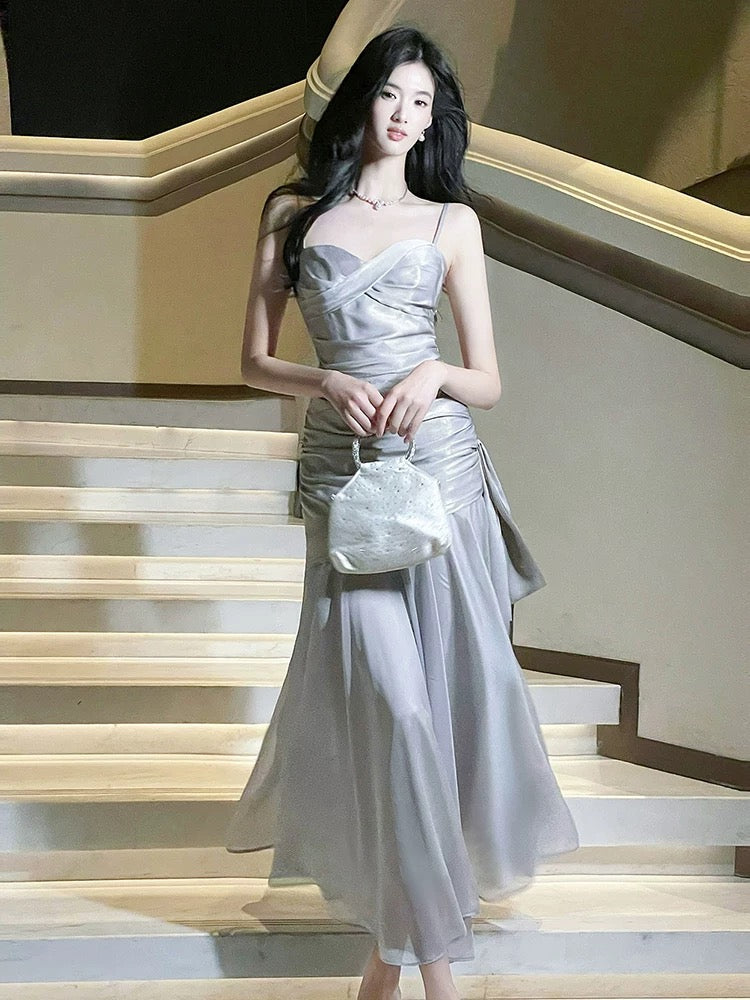 Unique Women's Mermaid Spaghetti Strap Grey With Ruffled Maxi Dress Date Night Outfits Outdoor Semi Formal Wedding Guest Dress RB5094