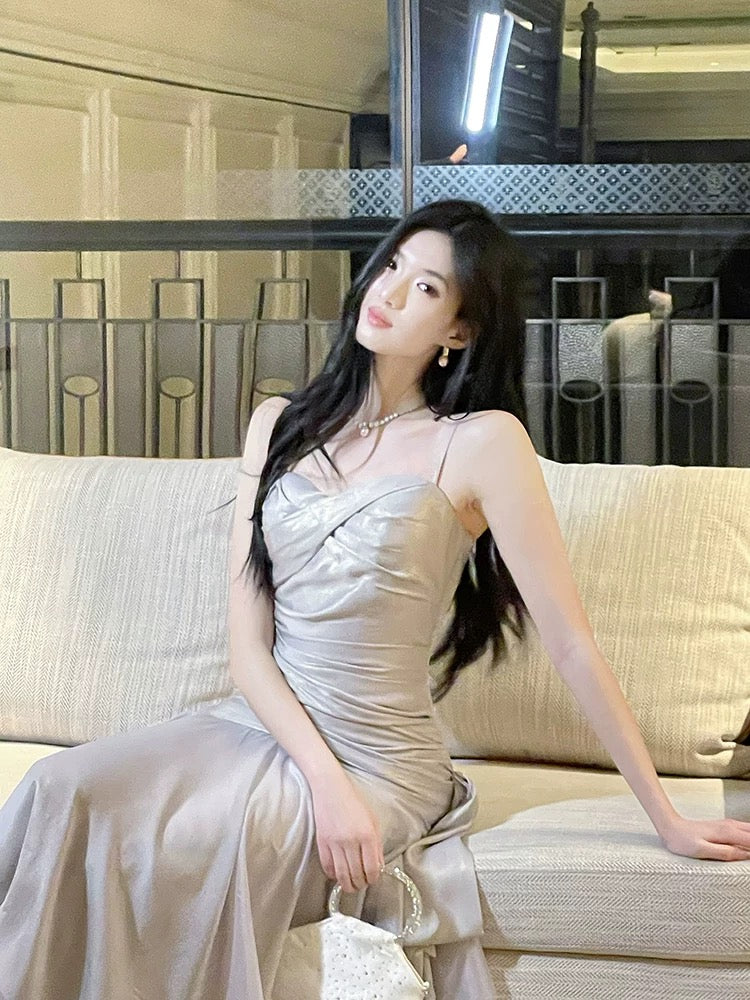 Unique Women's Mermaid Spaghetti Strap Grey With Ruffled Maxi Dress Date Night Outfits Outdoor Semi Formal Wedding Guest Dress RB5094