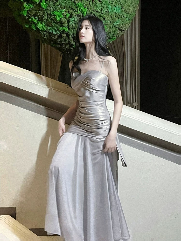Unique Women's Mermaid Spaghetti Strap Grey With Ruffled Maxi Dress Date Night Outfits Outdoor Semi Formal Wedding Guest Dress RB5094