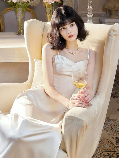 Unique Women's A Line Spaghetti Strap White Satin Maxi Dress Date Night Outfits Outdoor Semi Formal Wedding Guest Dress RB5096