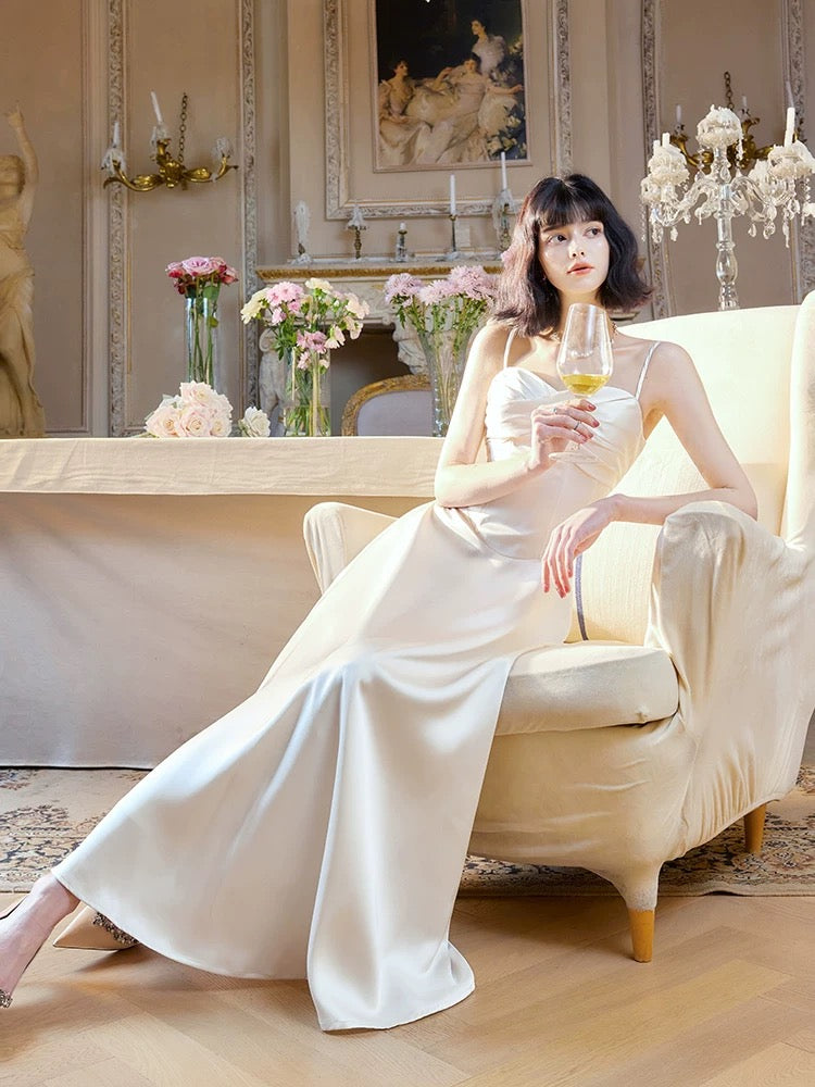 Unique Women's A Line Spaghetti Strap White Satin Maxi Dress Date Night Outfits Outdoor Semi Formal Wedding Guest Dress RB5096