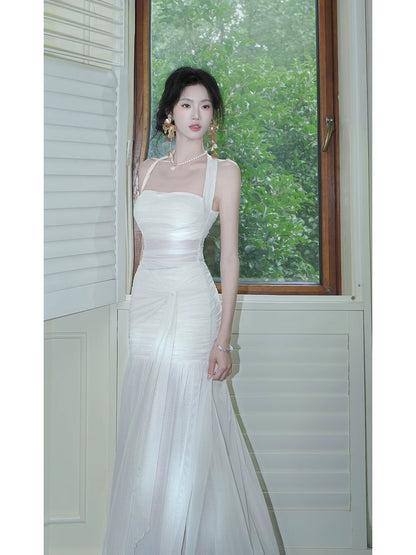 Unique Women's Mermaid Halter Chiffon White Ruffled Maxi Dress Date Night Outfits Outdoor Semi Formal Wedding Guest Dress RB5097