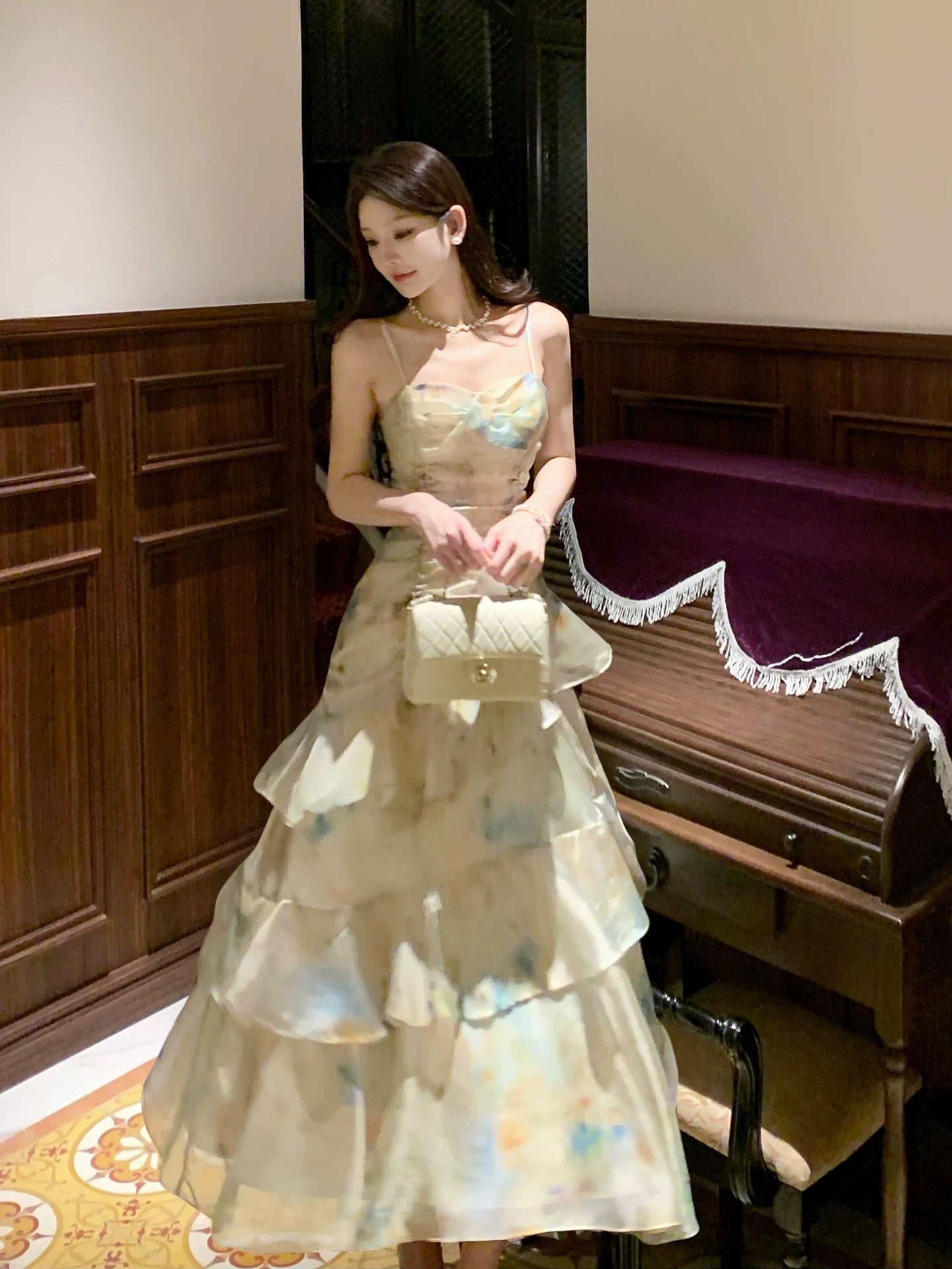Unique Women's Mermaid Green Floral Chiffon Ruffled Maxi Dress Date Night Outfits Outdoor Semi Formal Wedding Guest Dresses RB5098