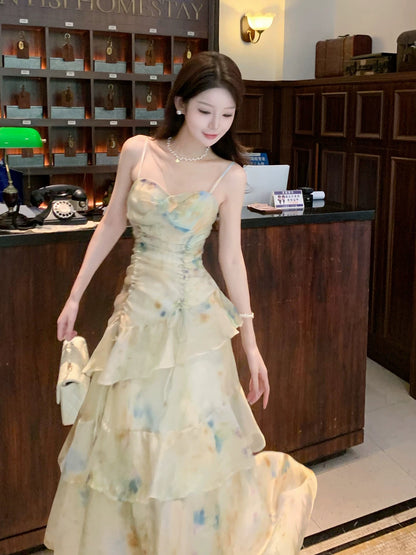 Unique Women's Mermaid Green Floral Chiffon Ruffled Maxi Dress Date Night Outfits Outdoor Semi Formal Wedding Guest Dresses RB5098