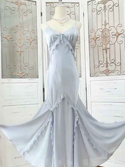 Modest Women's Mermaid Spaghetti Strap Dusty Blue Satin Maxi Dress Date Night Outfits Outdoor Semi Formal Wedding Guest Dresses RB5102