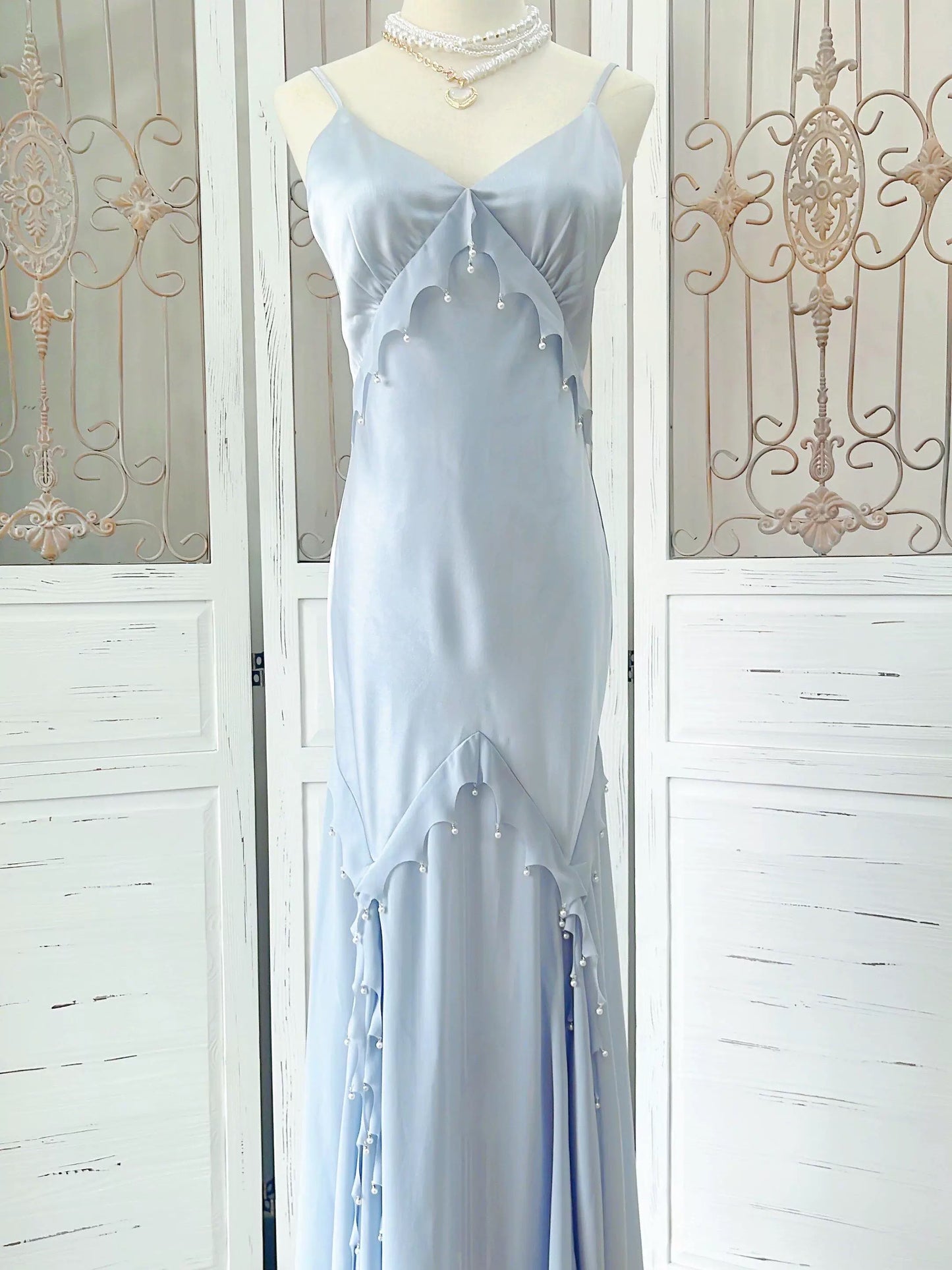 Modest Women's Mermaid Spaghetti Strap Dusty Blue Satin Maxi Dress Date Night Outfits Outdoor Semi Formal Wedding Guest Dresses RB5102