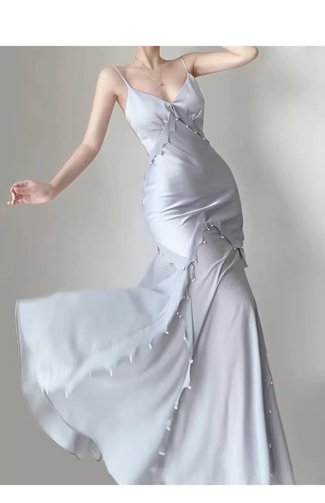 Modest Women's Mermaid Spaghetti Strap Dusty Blue Satin Maxi Dress Date Night Outfits Outdoor Semi Formal Wedding Guest Dresses RB5102