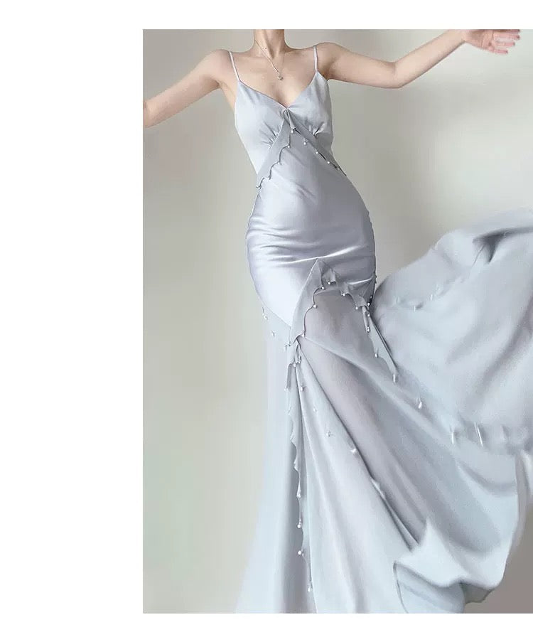 Modest Women's Mermaid Spaghetti Strap Dusty Blue Satin Maxi Dress Date Night Outfits Outdoor Semi Formal Wedding Guest Dresses RB5102