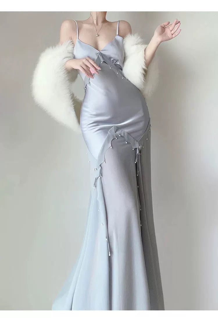 Modest Women's Mermaid Spaghetti Strap Dusty Blue Satin Maxi Dress Date Night Outfits Outdoor Semi Formal Wedding Guest Dresses RB5102