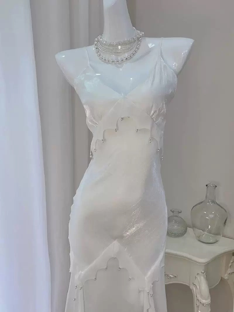 Modest Women's Mermaid Spaghetti Strap White Satin Maxi Dress Date Night Outfits Outdoor Semi Formal Wedding Guest Dresses RB5104
