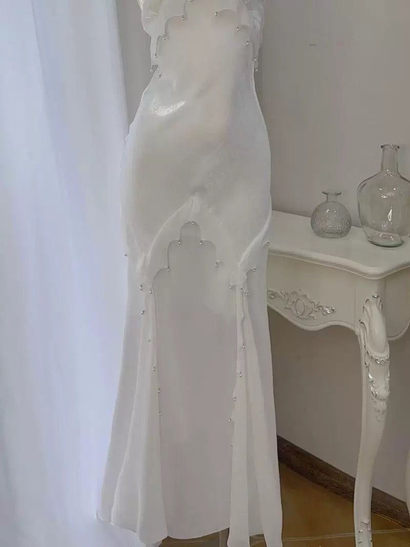 Modest Women's Mermaid Spaghetti Strap White Satin Maxi Dress Date Night Outfits Outdoor Semi Formal Wedding Guest Dresses RB5104