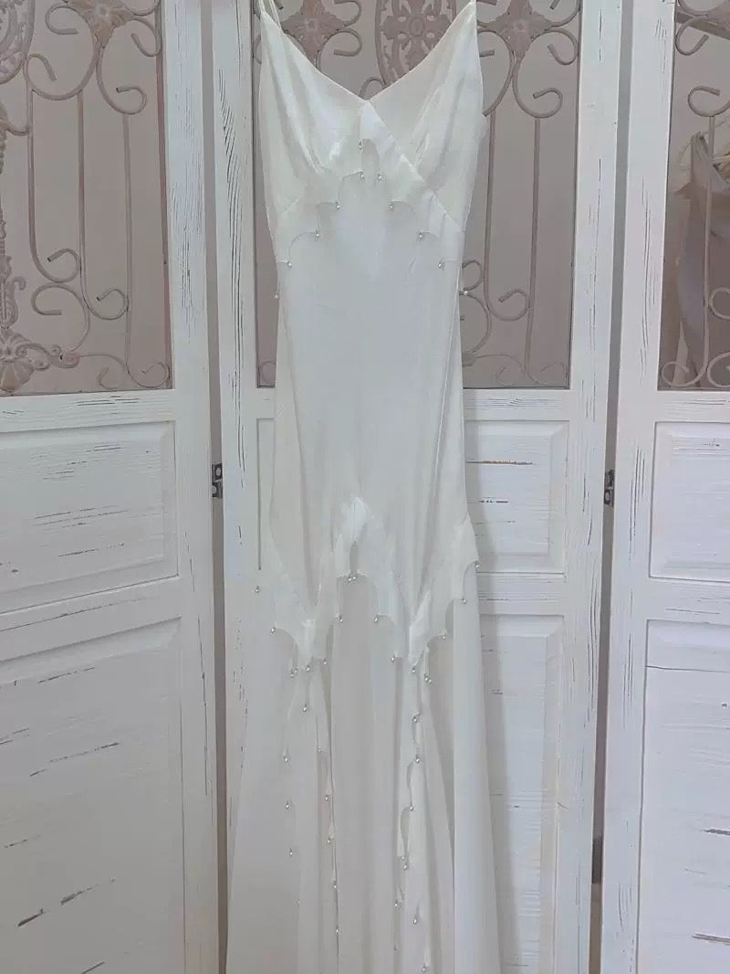 Modest Women's Mermaid Spaghetti Strap White Satin Maxi Dress Date Night Outfits Outdoor Semi Formal Wedding Guest Dresses RB5104