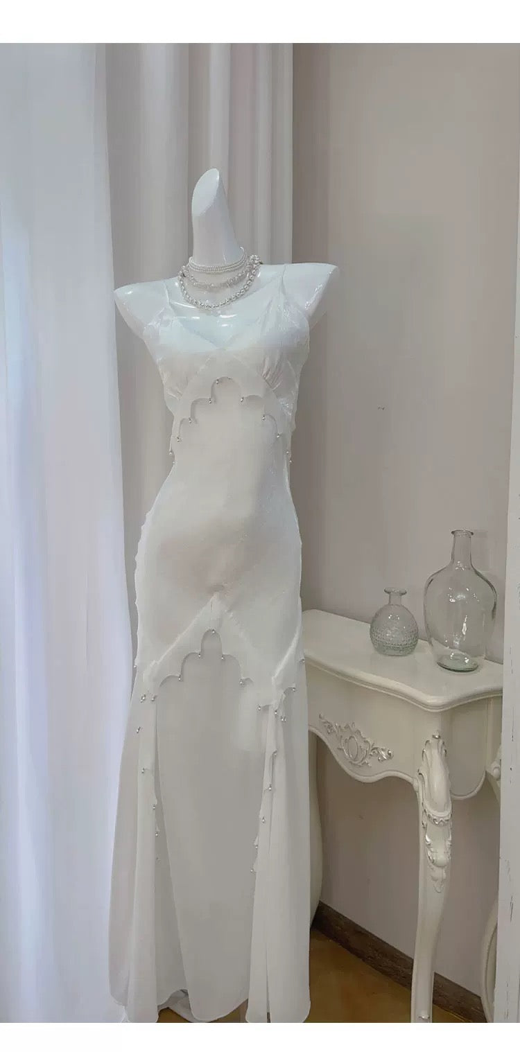 Modest Women's Mermaid Spaghetti Strap White Satin Maxi Dress Date Night Outfits Outdoor Semi Formal Wedding Guest Dresses RB5104
