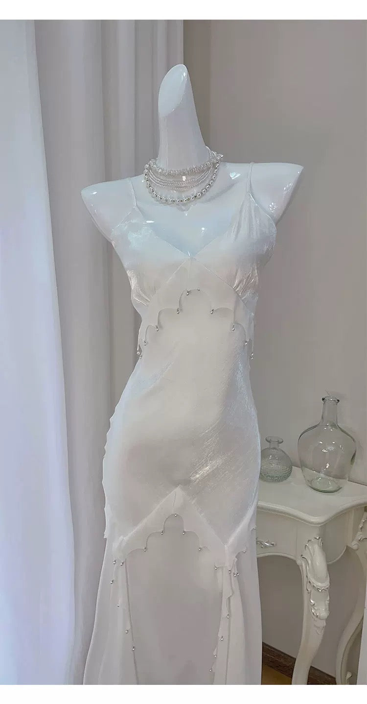 Modest Women's Mermaid Spaghetti Strap White Satin Maxi Dress Date Night Outfits Outdoor Semi Formal Wedding Guest Dresses RB5104