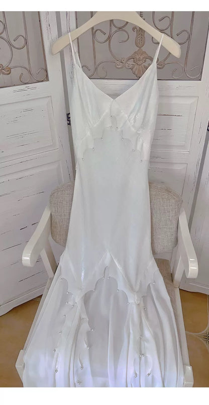 Modest Women's Mermaid Spaghetti Strap White Satin Maxi Dress Date Night Outfits Outdoor Semi Formal Wedding Guest Dresses RB5104