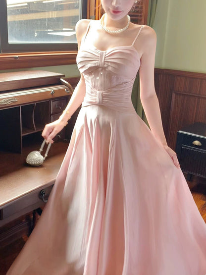 Dazzling A Line Spaghetti Strap Pink With Sequin Outdoor Semi Formal Garden Beach Event Outfits Wedding Guest Dresses RB5106
