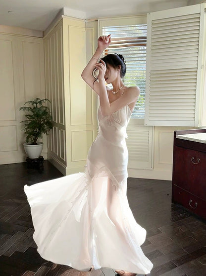 Modest Women's Mermaid Spaghetti Strap White Satin Maxi Dress Date Night Outfits Outdoor Semi Formal Wedding Guest Dress RB5107