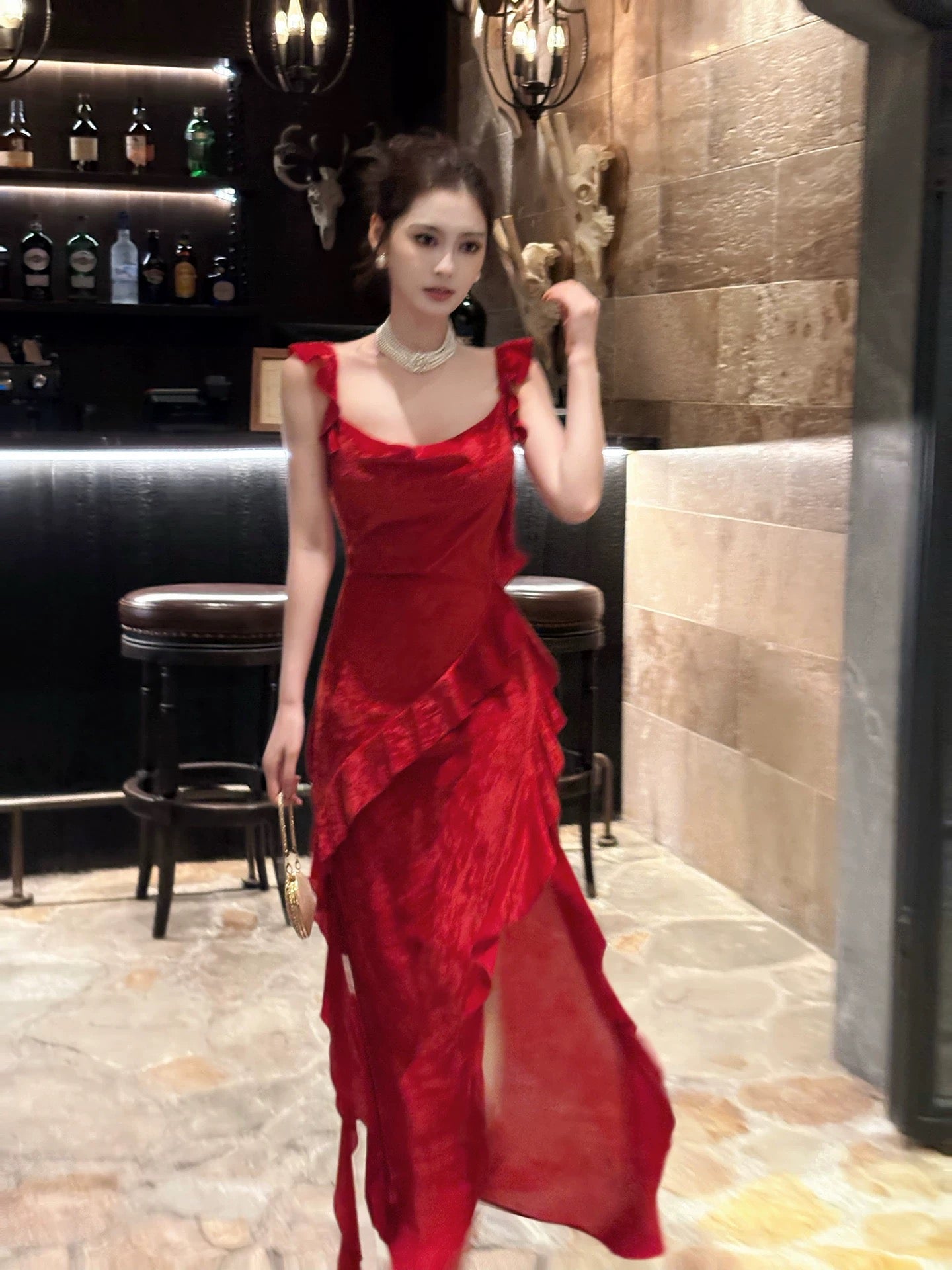 Stylish Mermaid Square Neck Red With Split Long Floor Length Evening Dresses Inspo Evening Outfits RB5109
