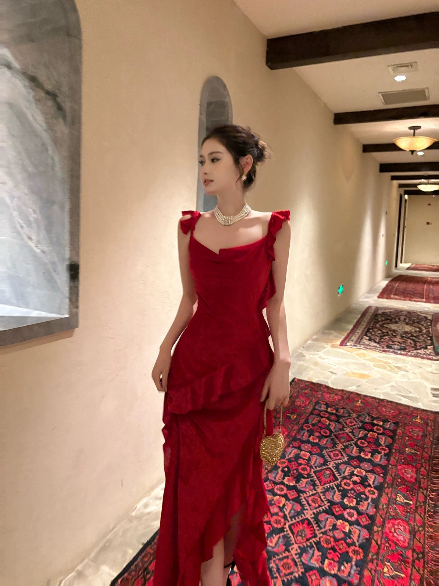 Stylish Mermaid Square Neck Red With Split Long Floor Length Evening Dresses Inspo Evening Outfits RB5109