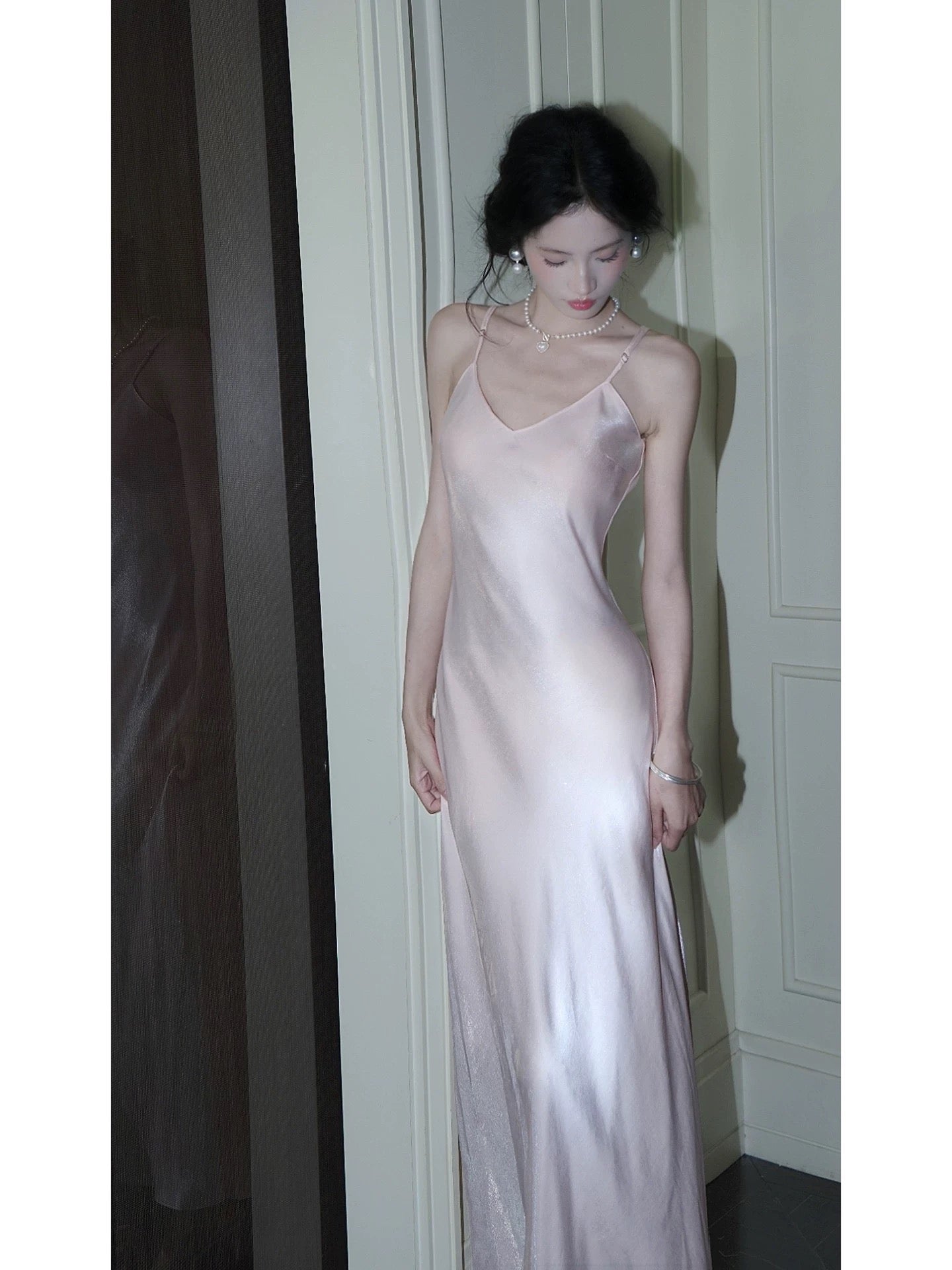 Modest Women's Mermaid Spaghetti Strap Pink Satin Maxi Dress Date Night Outfits Outdoor Semi Formal Wedding Guest Dress RB5110