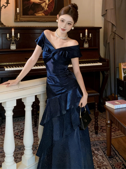 Ethereal Women's Mermaid Off The Shoulder Navy Blue Maxi Dress Date Night Outfits Outdoor Semi Formal Wedding Guest Dresses RB5119