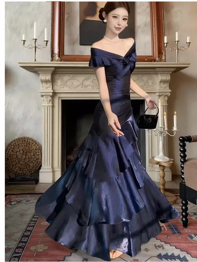 Ethereal Women's Mermaid Off The Shoulder Navy Blue Maxi Dress Date Night Outfits Outdoor Semi Formal Wedding Guest Dresses RB5119
