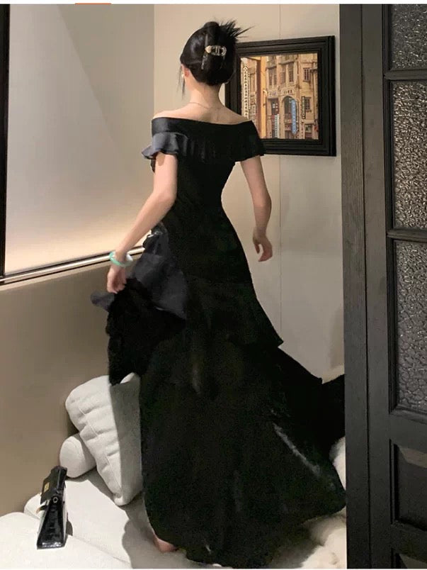 Ethereal Women's Mermaid Off The Shoulder Navy Blue Maxi Dress Date Night Outfits Outdoor Semi Formal Wedding Guest Dresses RB5119
