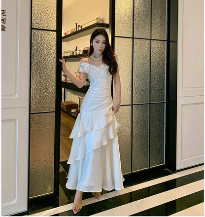 Ethereal Women's Mermaid Off The Shoulder White Maxi Dress Date Night Outfits Outdoor Semi Formal Wedding Guest Dresses RB5120