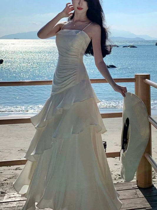 Dazzling Mermaid Spaghetti Strap White With Ruffled Outdoor Semi Formal Garden Beach Event Outfits Wedding Guest Dresses RB5112
