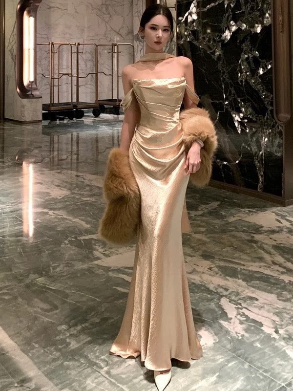 Stylish Mermaid Strapless Gold With Scarf Long Floor Length Evening Dresses Inspo Evening Outfits RB5113
