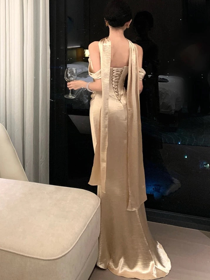 Stylish Mermaid Strapless Gold With Scarf Long Floor Length Evening Dresses Inspo Evening Outfits RB5113