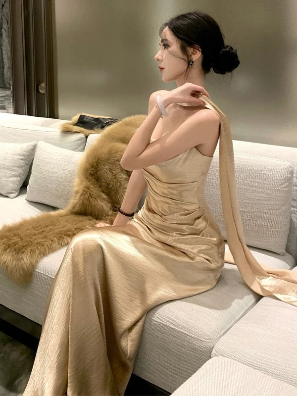 Stylish Mermaid Strapless Gold With Scarf Long Floor Length Evening Dresses Inspo Evening Outfits RB5113