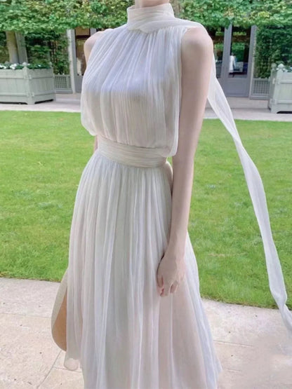 Stylish A Line High Neck White Chiffon With Scarf Long Floor Length Evening Dresses Inspo Evening Outfits RB5114