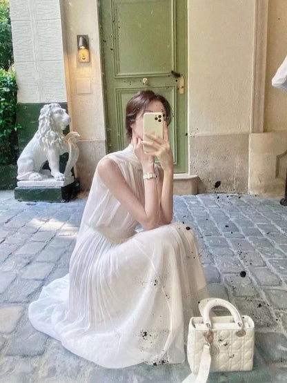 Stylish A Line High Neck White Chiffon With Scarf Long Floor Length Evening Dresses Inspo Evening Outfits RB5114