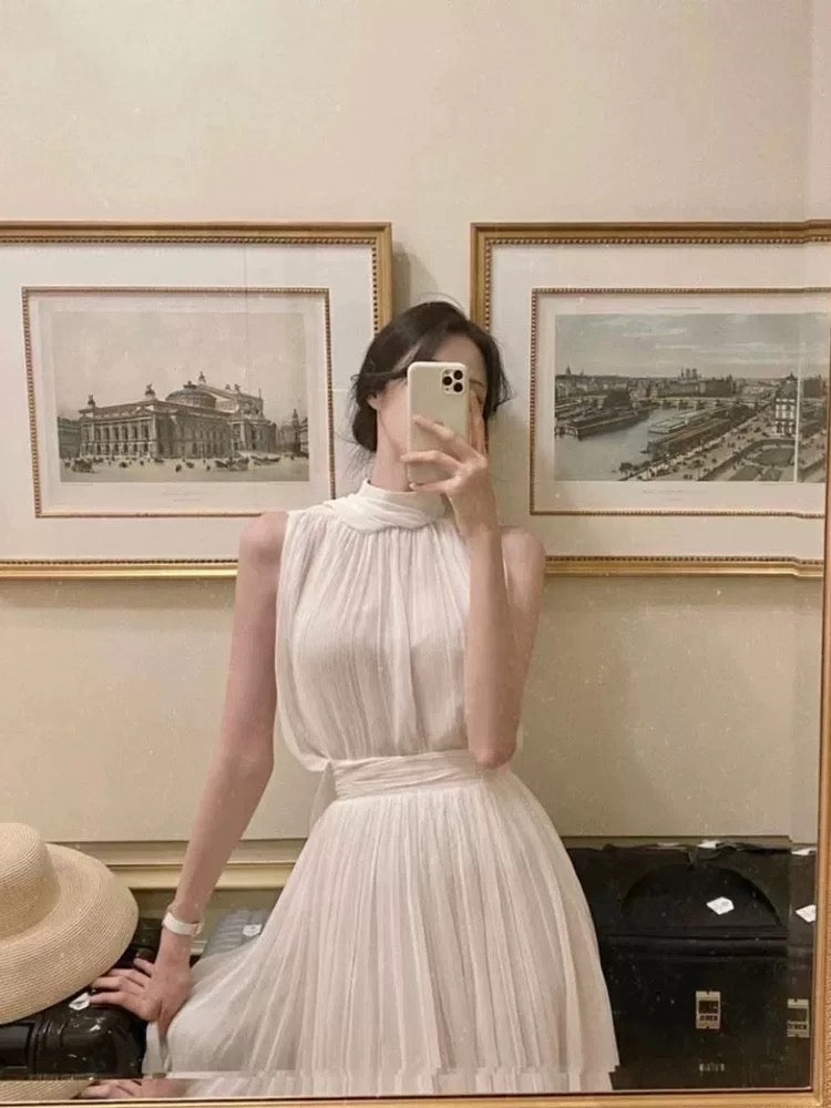 Stylish A Line High Neck White Chiffon With Scarf Long Floor Length Evening Dresses Inspo Evening Outfits RB5114