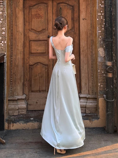 Ethereal Women's A Line Square Neck Blue Satin Maxi Dress Date Night Outfits Outdoor Semi Formal Wedding Guest Dresses RB5115