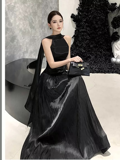 Ethereal Women's A Line High Neck White Black Maxi Dress Date Night Outfits Outdoor Semi Formal Wedding Guest Dresses RB5116