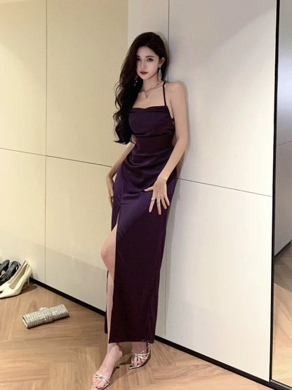 Dazzling Sheath Spaghetti Strap Purple Backless Satin Outdoor Semi Formal Garden Beach Event Outfits Wedding Guest Dresses RB5117
