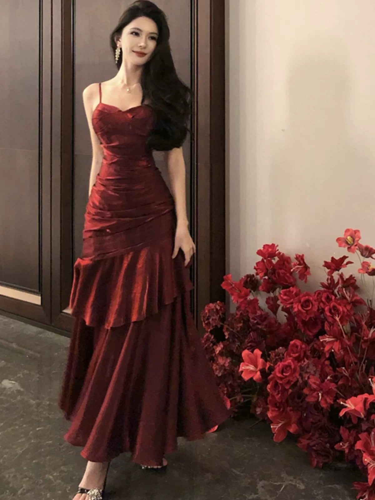 Classy Mermaid Spaghetti Strap Burgundy Prom Dress Inspo For Women Girls Formal Party Gowns Long Formal Dresses RB5118