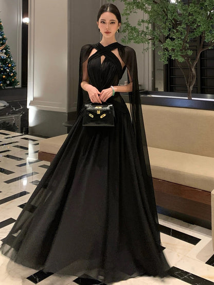 Beautiful A line Chiffon Black Tie Dress With Ruffled Long Date Night 18th Birthday Outfits Formal Prom Dresses RB5709