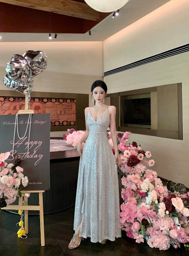 Robe élégante de 18e anniversaire à paillettes, bretelles spaghetti, dos nu, fente, ligne A, scintillante pour invitée de mariage N4017