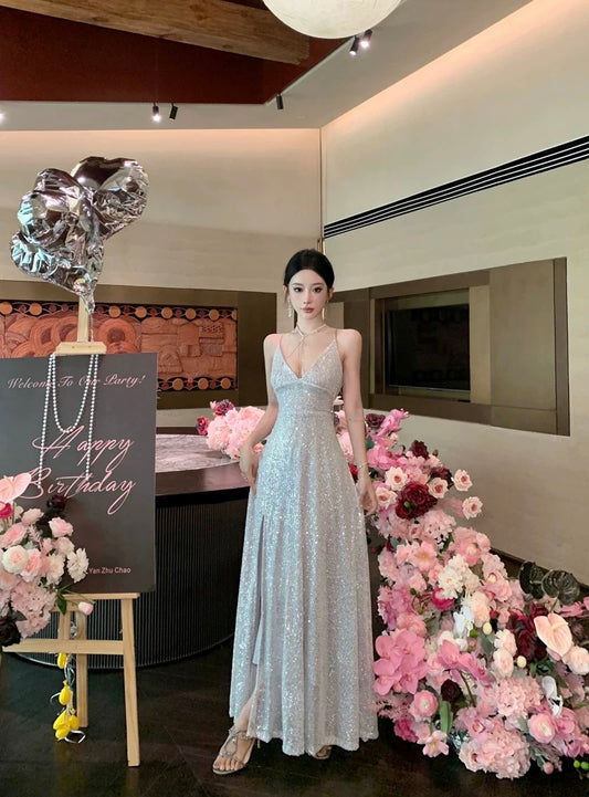Sparkly A line Spaghetti Strap Sequin 18th Birthday Elegant Outfit Summer Long Slit Wedding Guest Dresses N4012